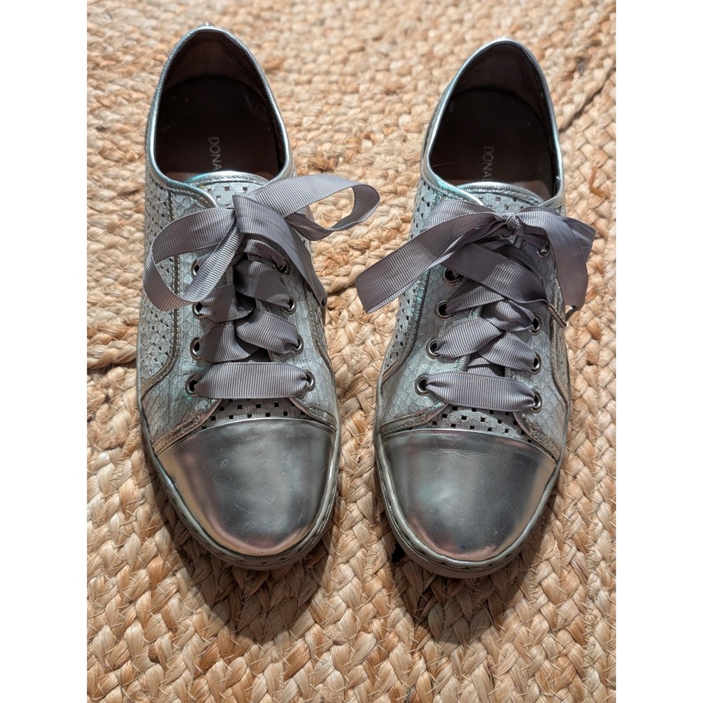 Donald J Pliner Silver Metallic Perforated Snakeskin Ribbon Lace Sneakers 8.5